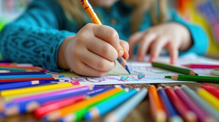 Fototapeta premium Child drawing with crayons at a classroom table
