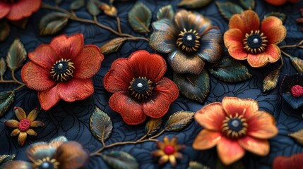 Fototapeta premium Close-up of Embroidered Flowers on a Dark Fabric