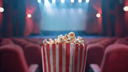 Product photography of a big tasty popcorn bag in a cinema with soft blurred cinema screen on the background. Advertisement for cinema