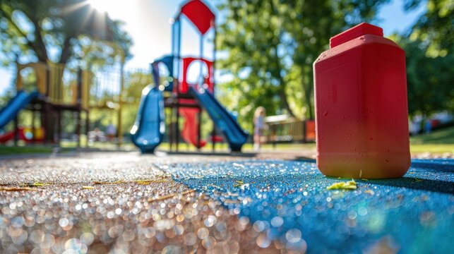 Empty juice box on playground set, striking dynamic angle shot with creative perspective