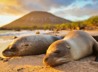 Fototapeta premium Ecuador. The Galapagos Islands. Seals are sleeping on the beach. Beaches of the Galapagos.