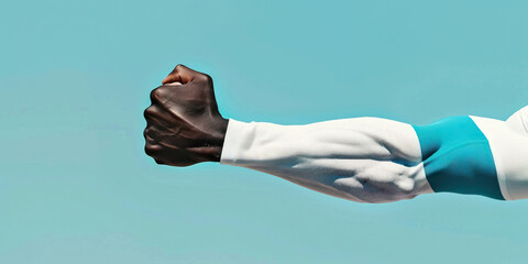 Simplified Strength: A muscular arm flexed, emerging from a white sleeve bearing only a single blue stripe.