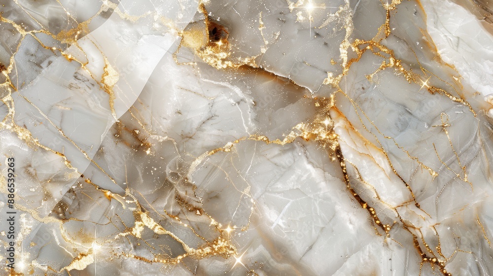 Poster luxurious marble texture with golden veins and sparkling particles, ideal for adding an elegant touc