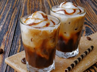 iced coffee isolated on wooden table closeup