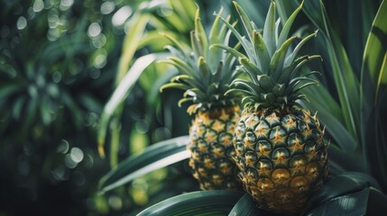 Obraz premium Two ripe pineapples grow amongst lush green leaves in a tropical garden