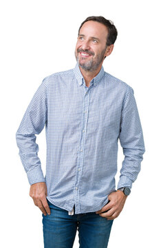 Handsome middle age elegant senior man over isolated background smiling looking side and staring away thinking.