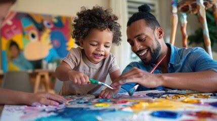 Fototapeta premium A man and a child are painting a picture together
