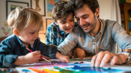 A man is sitting with two young boys, one of whom is painting