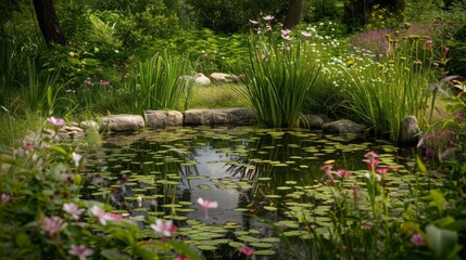 Tranquil Pond in a Lush Garden.