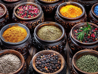 Assorted Spices in Small Bowls on Wooden Surface
