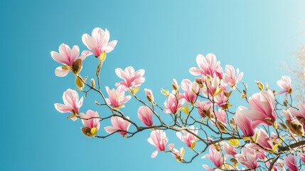Obraz premium Pink Magnolia Blossoms Against a Blue Sky.