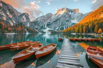 Obraz premium Stunning View of Boats on a Serene Lake and Majestic Mountains