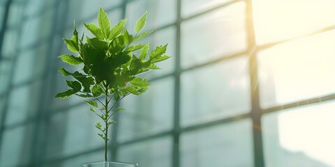 Sustainable Design Eco-Friendly Architecture Featuring a Green Glass Building and Tree in Sunlight. Concept Sustainable Design, Eco-Friendly Architecture, Green Glass Building, Tree in Sunlight