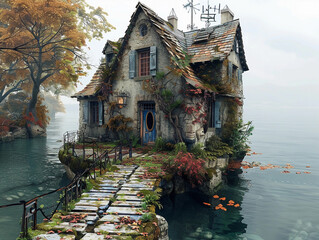 Stone Cottage on a Small Island in a Foggy Lake During Autumn © pavlofox