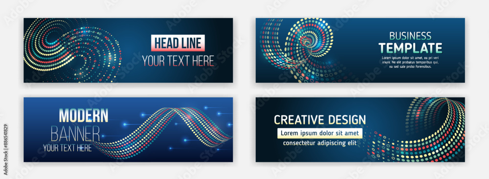 Poster internet communication, science, big data, cover design set. Sci-fi vector sample concept. High-tech horizontal banner template. Modern banner design with technology element. Data protection,