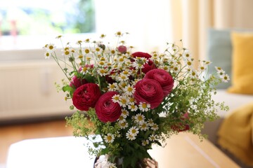 Beautiful ranunculus flowers and chamomiles in vase on table indoors