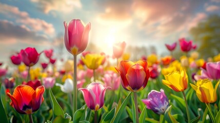 Obraz premium Colorful Tulips in a Field at Sunset.