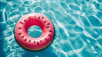Inflatable ring watermelon in swimming pool, sunny day. Relaxation lifestyle. Summer holidays banner