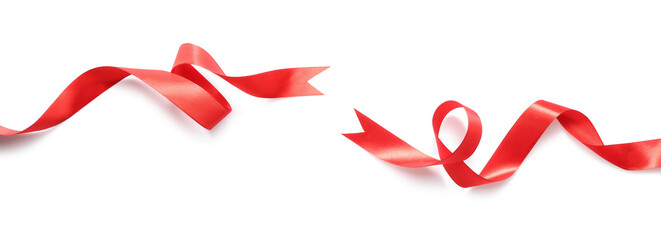 Two beautiful red ribbons isolated on white, top view