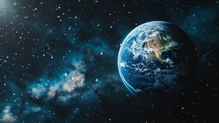 Obraz premium Earth, a vibrant blue and green sphere, floats against a backdrop of twinkling stars and a wispy nebula, highlighting the vastness of space