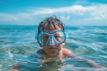 A kid is depicted swimming in the ocean with blue swim goggles on a sunny day, showcasing the excitement and freshness of a summer swim in clear coastal waters.