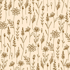 Wild dry herbs, meadow flowers on a light background. Simple floral vector seamless pattern. For fabric prints, textiles, packaging.