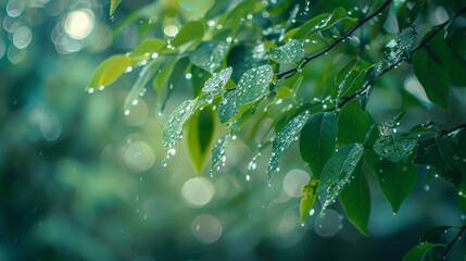 Rain Drops on Green Leaves.
