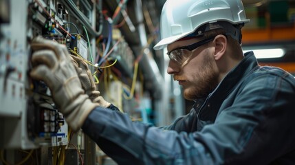 A focused electrician wearing safety gear carefully inspects and adjusts wires and electrical components in an industrial setting