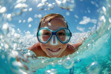 Naklejka premium A close-up view of a child underwater with protective goggles with water splashing around, capturing the excitement and joy of swimming on a bright, sunny summer day.