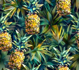 Obraz premium Shimmering Gold Pineapples Amidst Lush Tropical Palm Fronds in Ethereal Impressionist Style