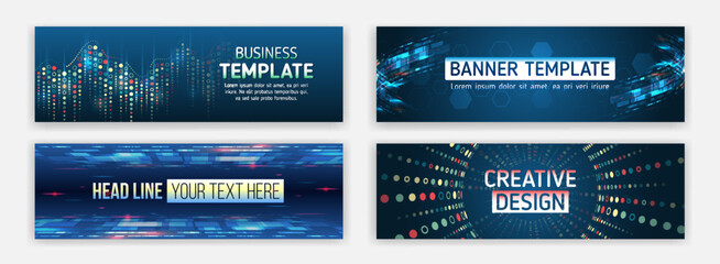 Fototapeta premium Modern banner design with technology element. Data protection, internet communication, science, big data, cover design set. Sci-fi vector sample concept. High-tech horizontal banner template.