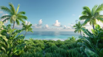 Papier peint photo  Tranquil Tropical Beach with Lush Greenery Perfect for Relaxing and Leisure Activities, Serenity, Sun, Sand, Ocean, Paradise  © pisan