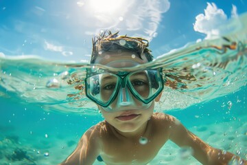 Naklejka premium A diver with goggles is submerged in crystal-clear ocean water, surrounded by sunlight. The scene portrays a tranquil and adventurous underwater experience with vivid details.