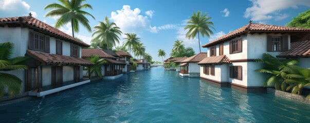 Fototapeta premium Tropical Paradise Resort with Colonial Architecture and Lush Palm Trees, Experience the Perfect Getaway in a Serene Water Village