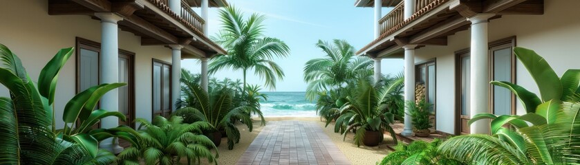 Fototapeta premium Tropical Paradise Retreat with Colonial Charm Luxurious Beachfront Villa with Lush Palm Trees and Stunning Ocean Views