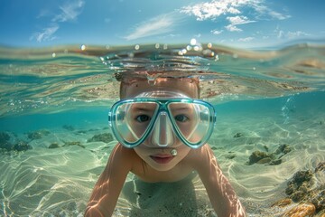 Fototapeta premium A kid swimming in crystal clear water with a focus on his goggles, enjoying a sunny day at the beach and experiencing the freedom and joy of the ocean environment.