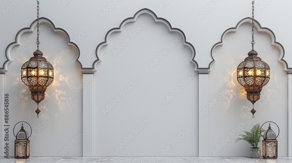 Poster Plain white background with Islamic lantern ornaments on the top right and left sides. Generative AI.