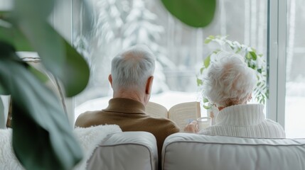 Elderly couple in a cozy living room, enjoying their recess with books and tea, embodying the tranquility of mature downtime at home
