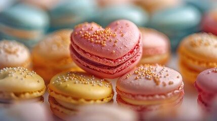 Fototapeta premium A close-up of tropical paradise macarons, with bright colors of pineapple yellow, flamingo pink, and palm green, arranged in a heart shape. The background is a soft-focus. Generative AI.