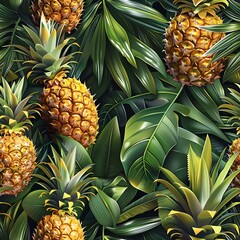 Luxuriant Pineapple and Palm Leaf Seamless Pattern Opulent Nature