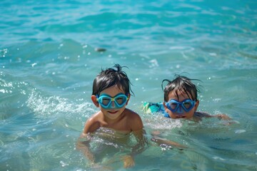 Naklejka premium Two young children with swimming goggles are swimming happily in clear blue beach water, showcasing their joy and enthusiasm for an aquatic adventure on a sunny day.