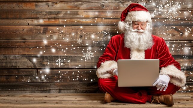 Santa claus using laptop to surf the internet for christmas gifts and holiday cheer