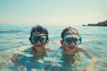 Naklejka premium Two boys are swimming together in the sea, enjoying a carefree and adventurous moment, equipped with swimming goggles and delighting in the lighthearted splashing fun.
