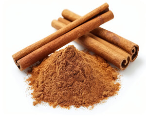 Cinnamon sticks and powder, isolated on white background