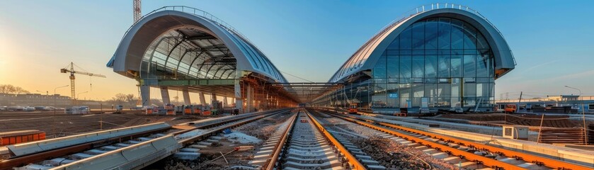 Obraz premium Modern train station architecture with two symmetrical glass buildings and rail tracks at sunset, showcasing contemporary design elements.