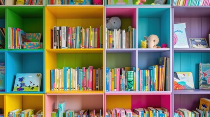 Child bookshelf filled with colorful picture books and stories