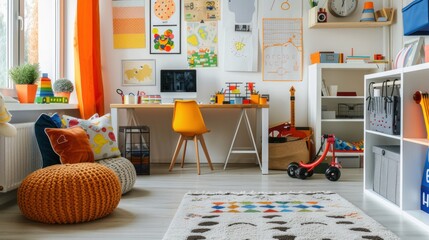 Child room featuring a study desk and educational posters