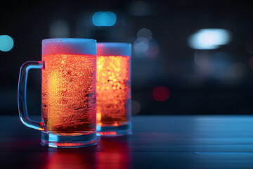 Frosty beer mugs with condensation, lively nightclub party ambiance