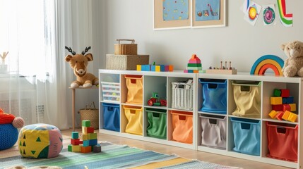 Child room organized with storage bins and a play area