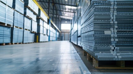 Obraz premium Stacked metal sheets in industrial warehouse
